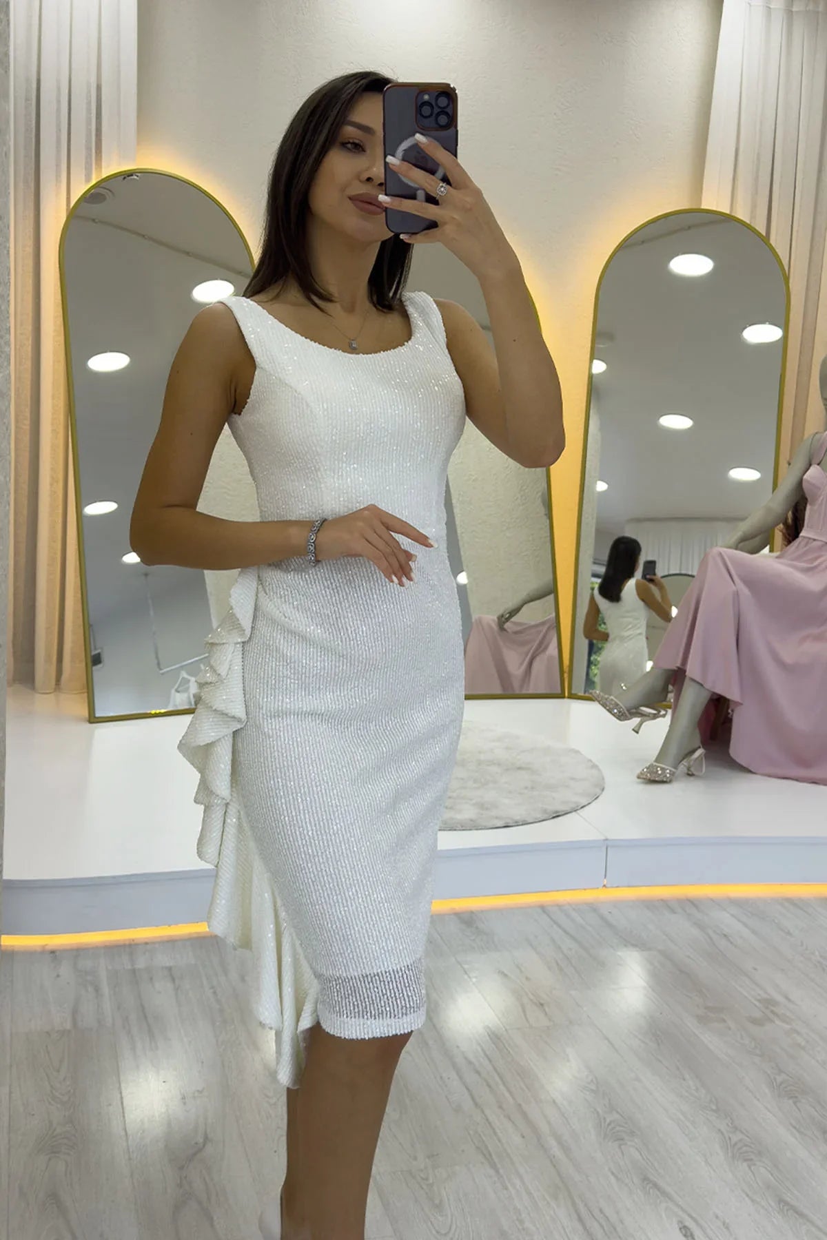 Beyaz Pul Payet Kalın Askılı Midi Boy FırFır Detaylı Abiye Elbise 