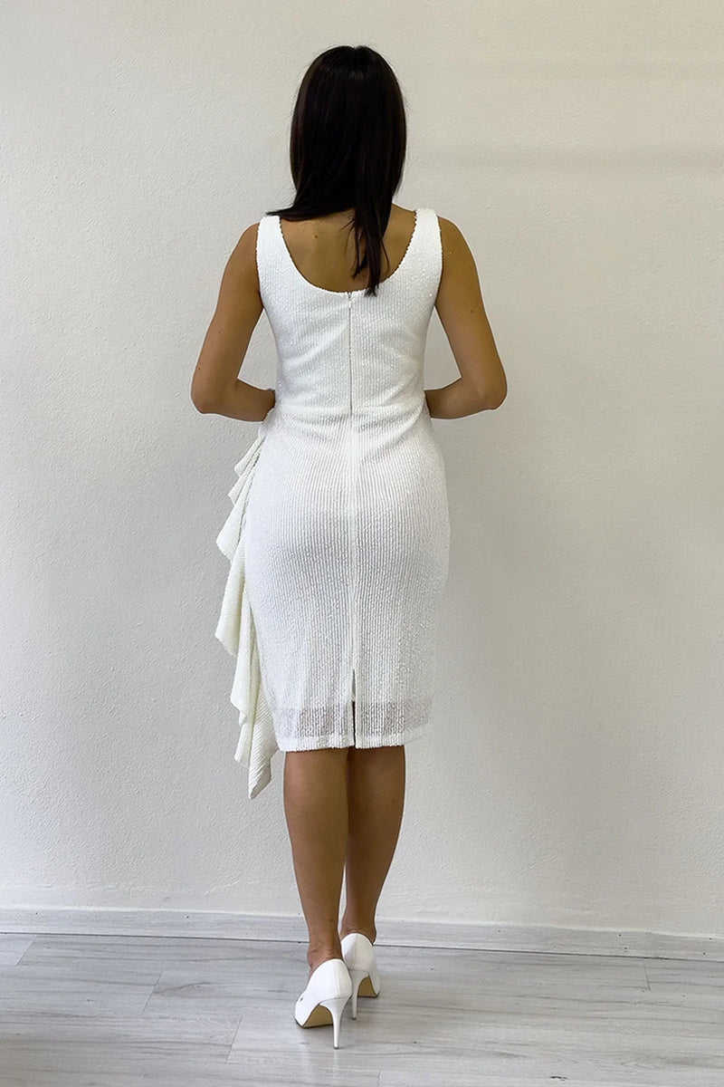 Beyaz Pul Payet Kalın Askılı Midi Boy FırFır Detaylı Abiye Elbise 