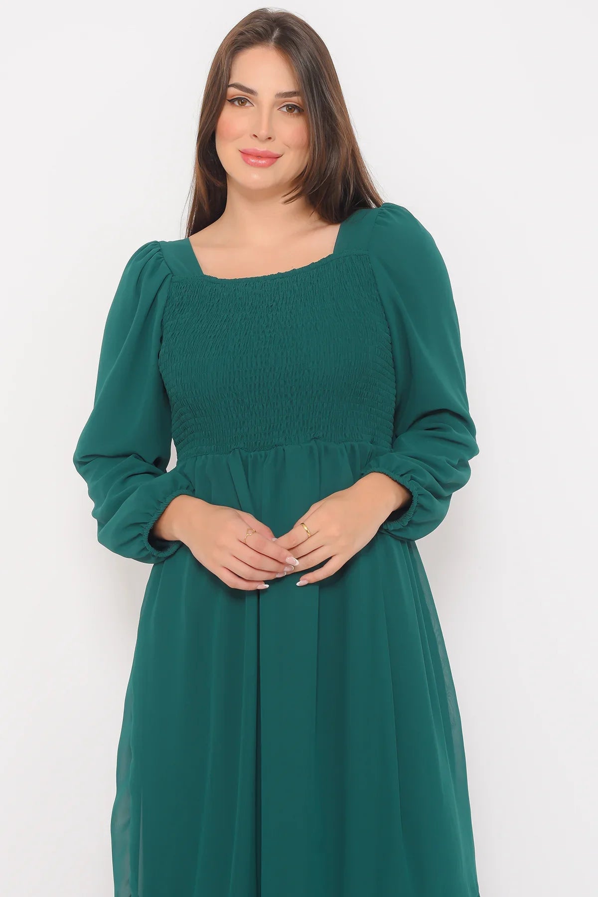 Kadın Yeşil Gipeli Astarlı Büyük Beden Şifon Elbise

