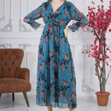 Petrol Mavisi Kruvaze Yaka Şifon Elbise