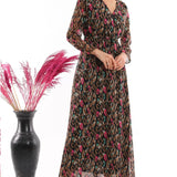 Kadın Siyah Şal Desen Kruvaze Yaka Şifon Elbise