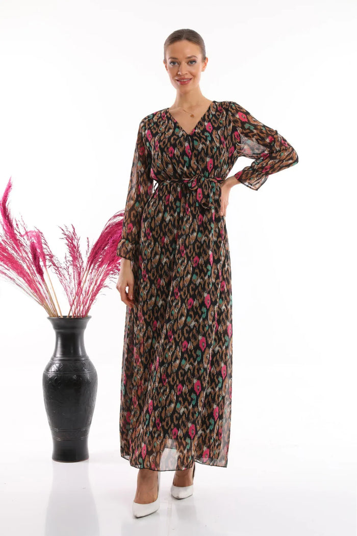 Kadın Siyah Şal Desen Kruvaze Yaka Şifon Elbise

