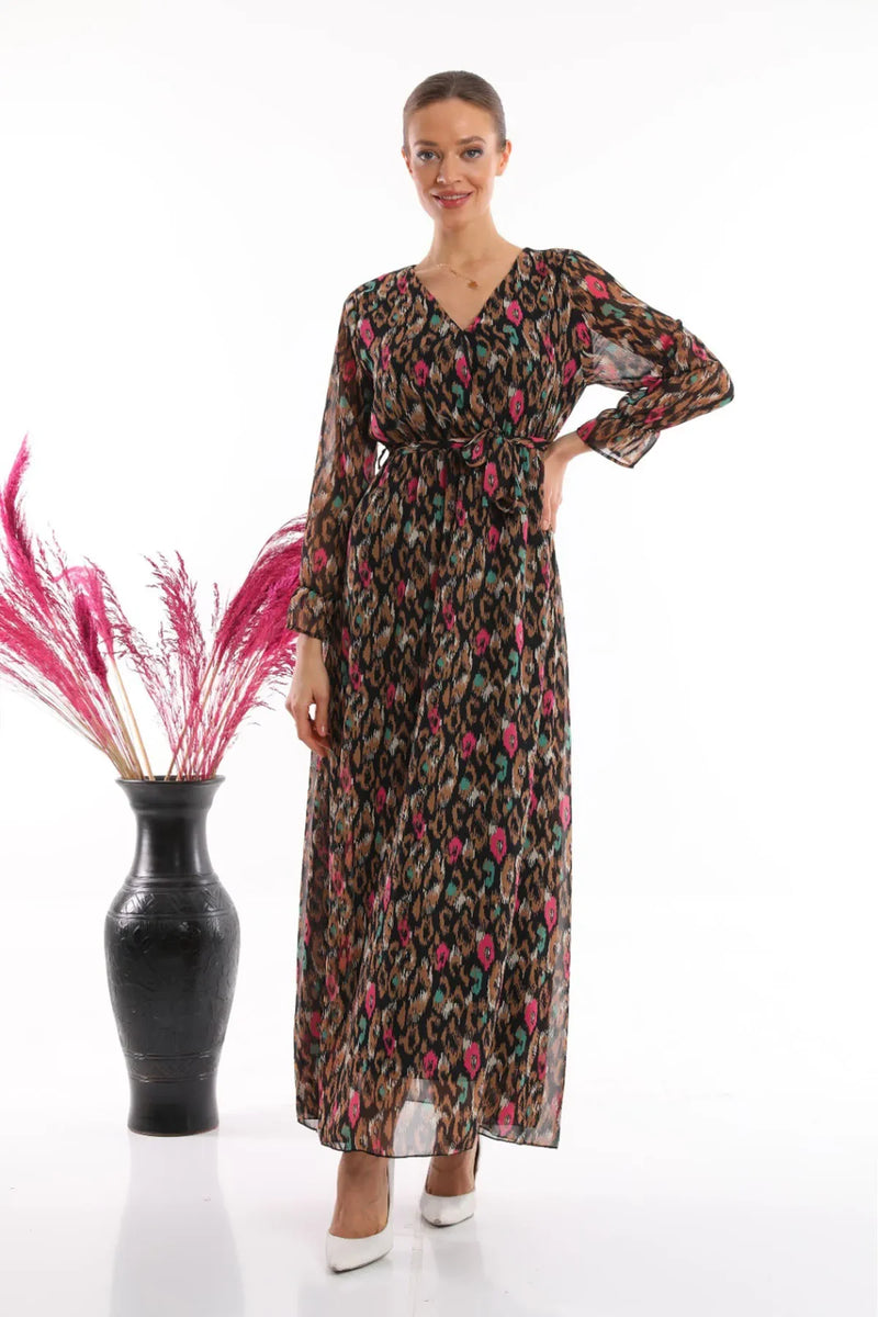 Kadın Siyah Şal Desen Kruvaze Yaka Şifon Elbise

