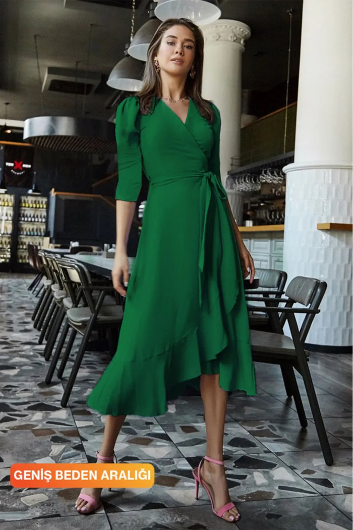 Yeşil Kadın Karpuz Kol Kruvaze Krep Kuşaklı Büyük Beden Volanlı Elbise


