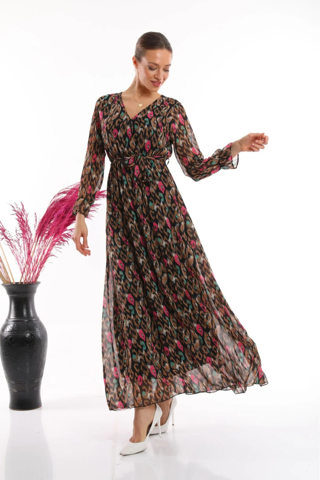 Kadın Siyah Şal Desen Kruvaze Yaka Şifon Elbise

