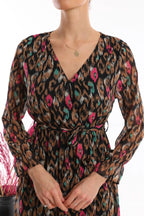 Kadın Siyah Şal Desen Kruvaze Yaka Şifon Elbise

