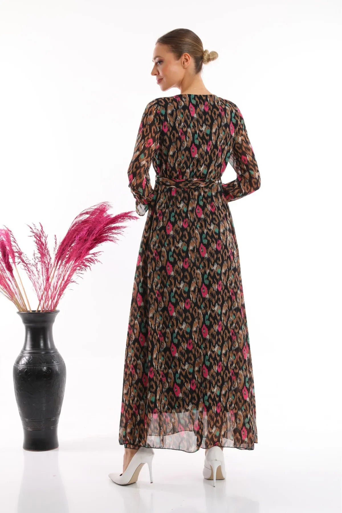 Kadın Siyah Şal Desen Kruvaze Yaka Şifon Elbise

