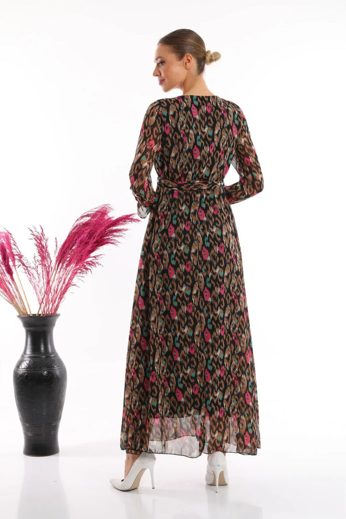 Kadın Siyah Şal Desen Kruvaze Yaka Şifon Elbise

