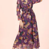 Mor Çiçekli Kruvaze Yaka Şifon Büyük Beden Elbise