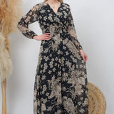 Kadın Siyah Çiçekli Kruvaze Yaka Şifon Elbise