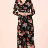 Siyah Çiçekli Kruvaze Yaka Şifon Büyük Beden Elbise