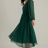 Zümrüt Yeşil Balon Kol Kruvaze Midi Boy Şifon Elbise