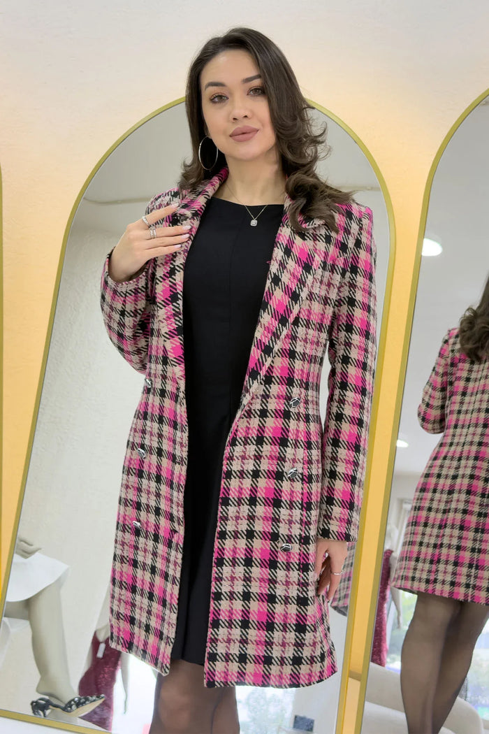 Pembe Ekoseli Düğmeli Kruvaze Kaşe Kaban 