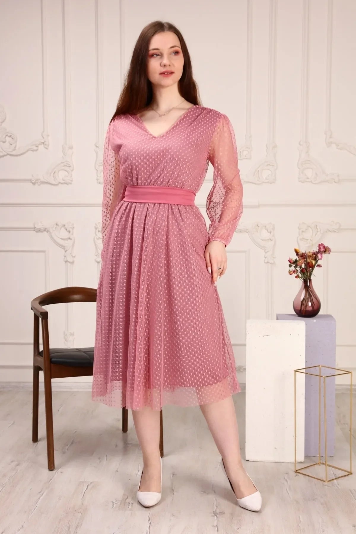 Pudra Puantiyeli Kuşaklı Tütü Büyük Beden Elbise

