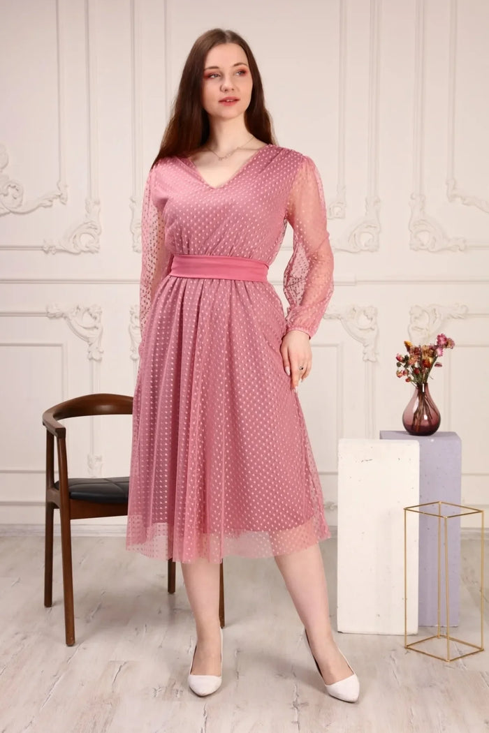 Pudra Puantiyeli Kuşaklı Tütü Büyük Beden Elbise

