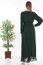 Kadın Yeşil Tesettür Astarlı Büyük Beden Şifon Elbise

