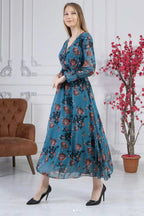 Petrol Mavisi Kruvaze Yaka Şifon Elbise

