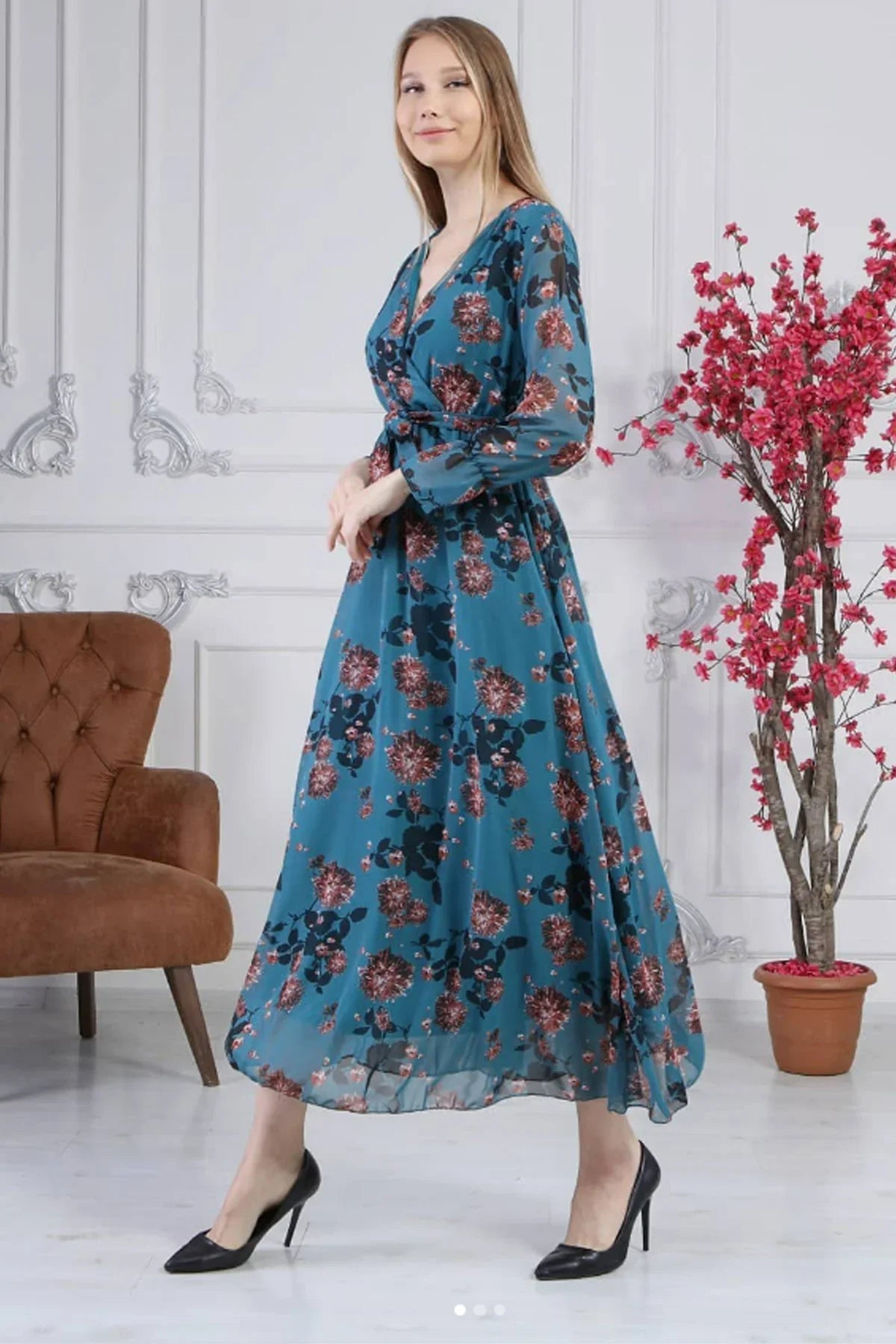 Petrol Mavisi Kruvaze Yaka Şifon Elbise

