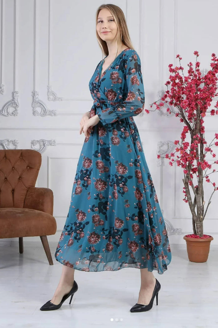 Petrol Mavisi Kruvaze Yaka Şifon Elbise

