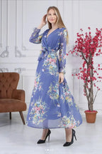 Mavi Çiçekli Kruvaze Yaka Şifon Elbise

