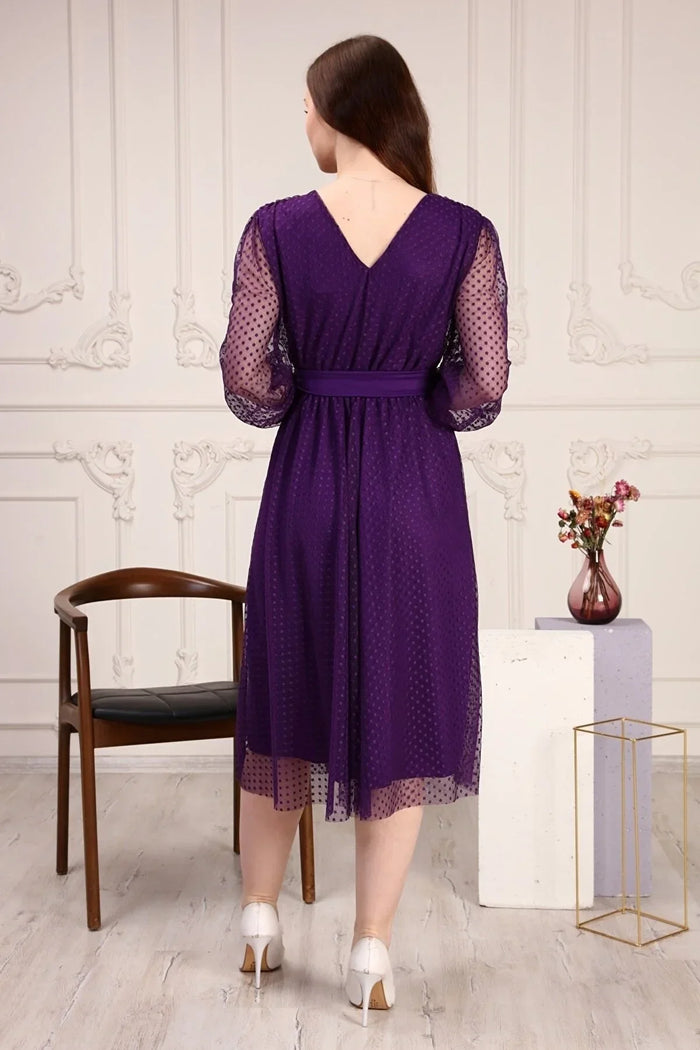 Mor Puantiyeli Kuşaklı Tütü Büyük Beden Elbise