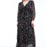 Kadın Siyah Çiçekli Kruvaze Yaka Şifon Elbise