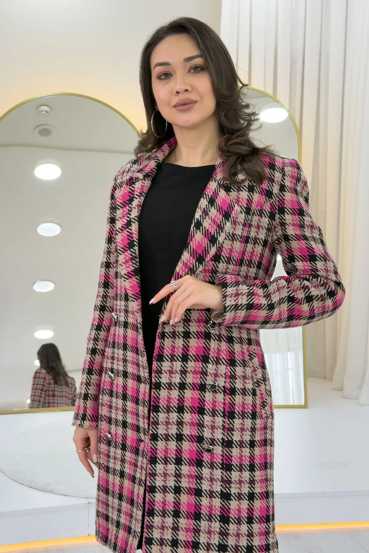 Pembe Ekoseli Düğmeli Kruvaze Kaşe Kaban 