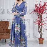 Mavi Çiçekli Kruvaze Yaka Şifon Elbise