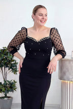 Kadın Siyah İnci Detaylı Yırtmaçlı Midi Boy Büyük Beden Abiye Elbise