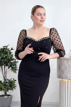 Kadın Siyah İnci Detaylı Yırtmaçlı Midi Boy Büyük Beden Abiye Elbise