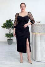 Kadın Siyah İnci Detaylı Yırtmaçlı Midi Boy Büyük Beden Abiye Elbise