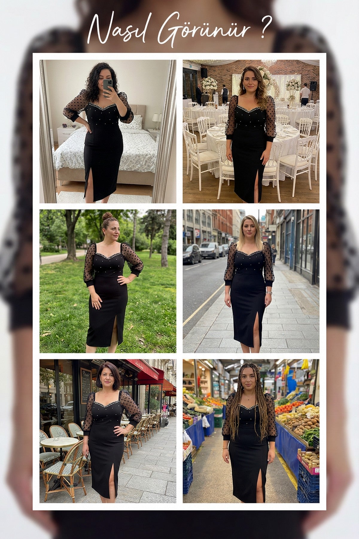 Kadın Siyah İnci Detaylı Yırtmaçlı Midi Boy Büyük Beden Abiye Elbise