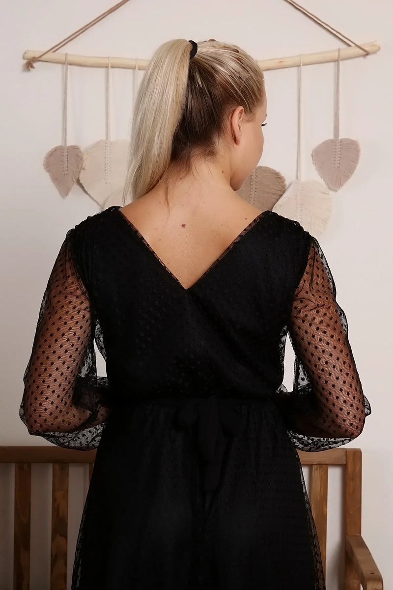 Siyah Puantiyeli Kuşaklı Tütü Büyük Beden Elbise

