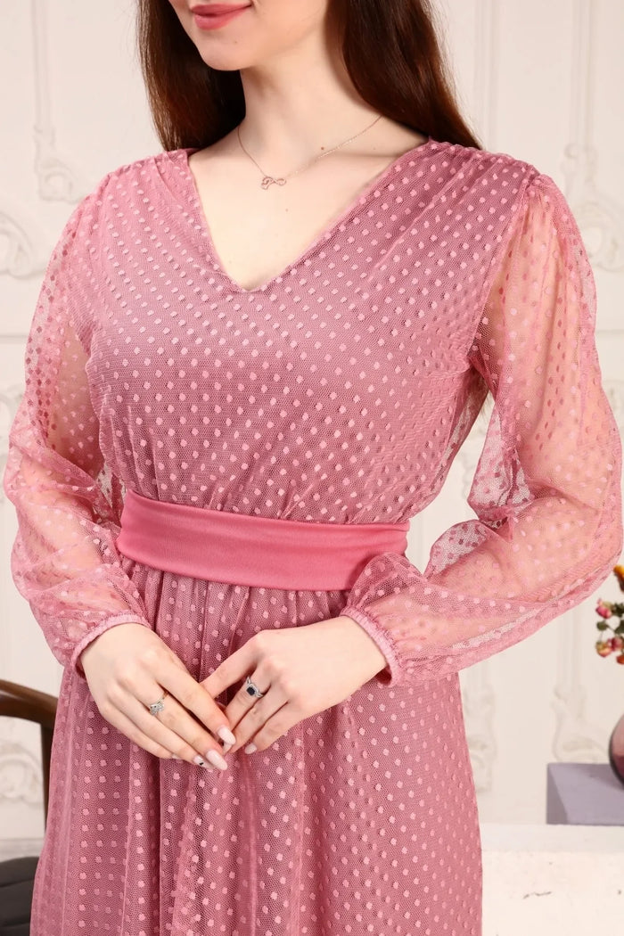 Pudra Puantiyeli Kuşaklı Tütü Büyük Beden Elbise

