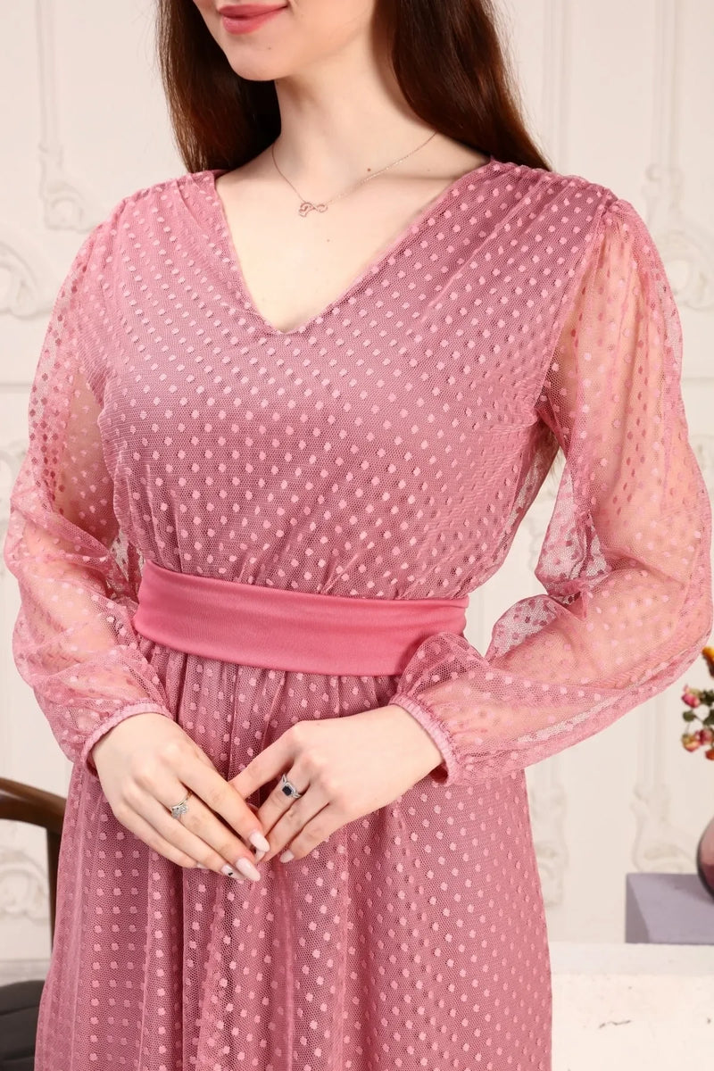 Pudra Puantiyeli Kuşaklı Tütü Büyük Beden Elbise

