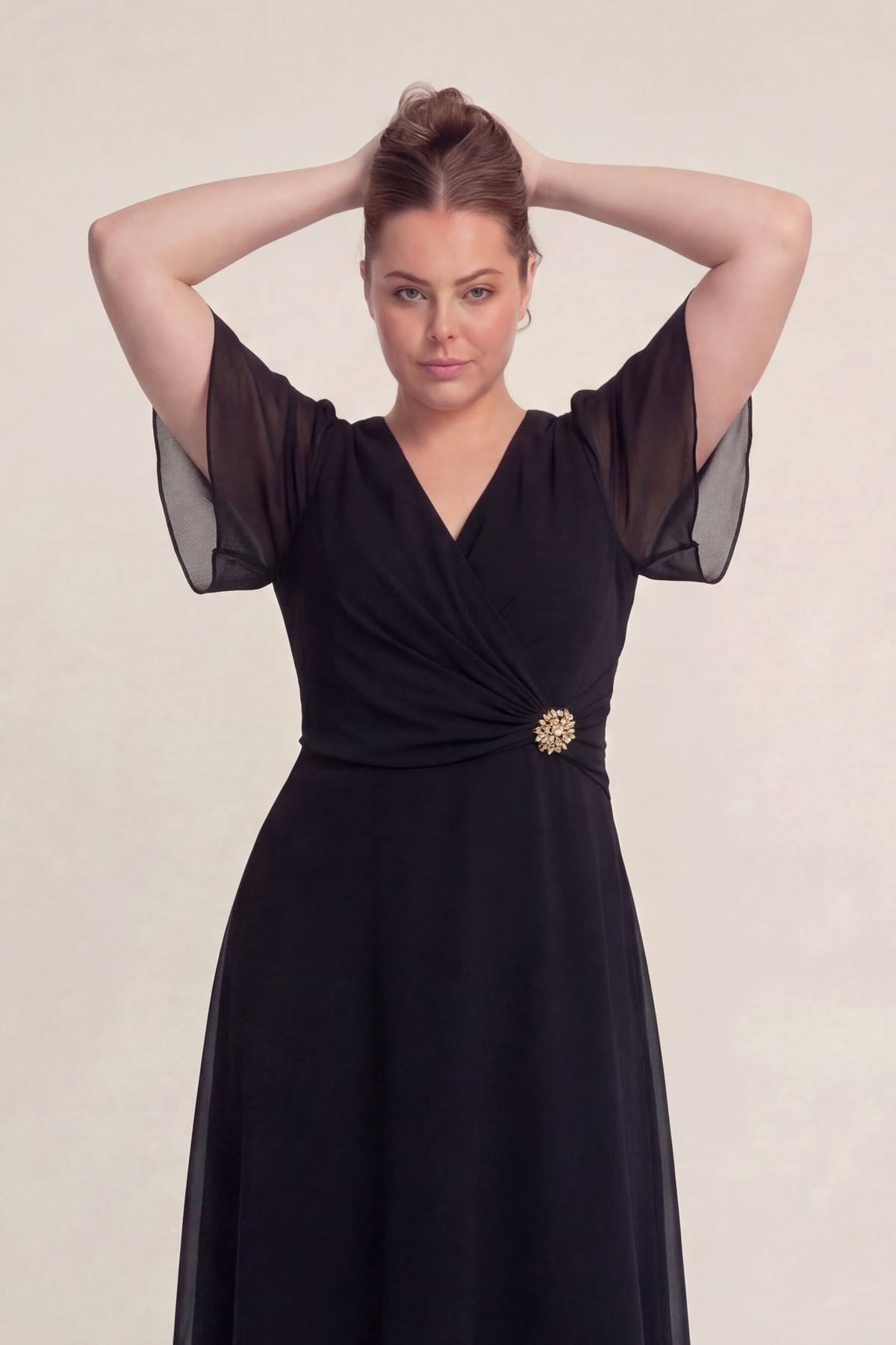 Siyah Büyük Beden Şifon Midi Elbise