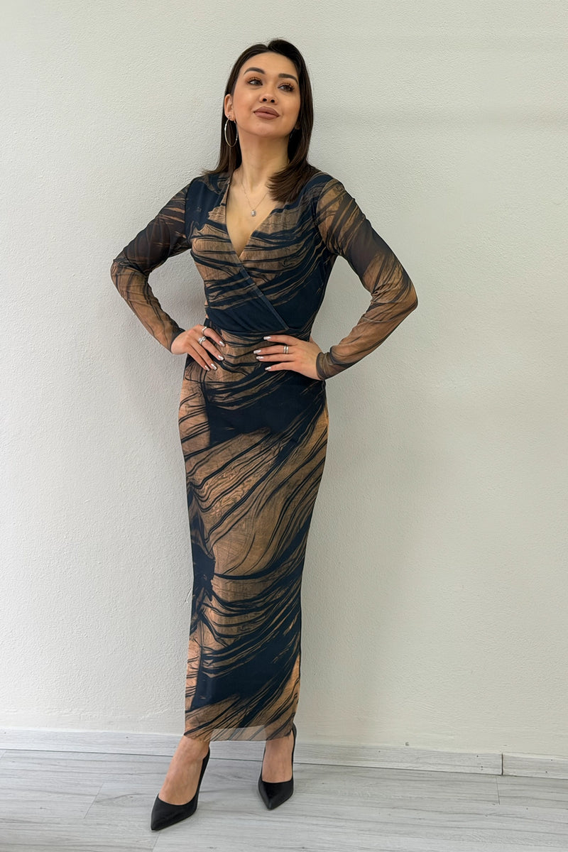 Kadın Çizgili Batik Desen Likralı Tül Elbise