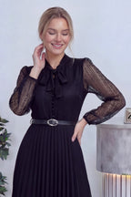 Siyah Boyundan Bağlamalı Fransız Güpür Piliseli Abiye Elbise