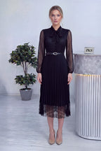 Siyah Boyundan Bağlamalı Fransız Güpür Piliseli Abiye Elbise