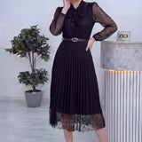 Siyah Boyundan Bağlamalı Fransız Güpür Piliseli Abiye Elbise