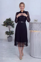 Siyah Boyundan Bağlamalı Fransız Güpür Piliseli Abiye Elbise