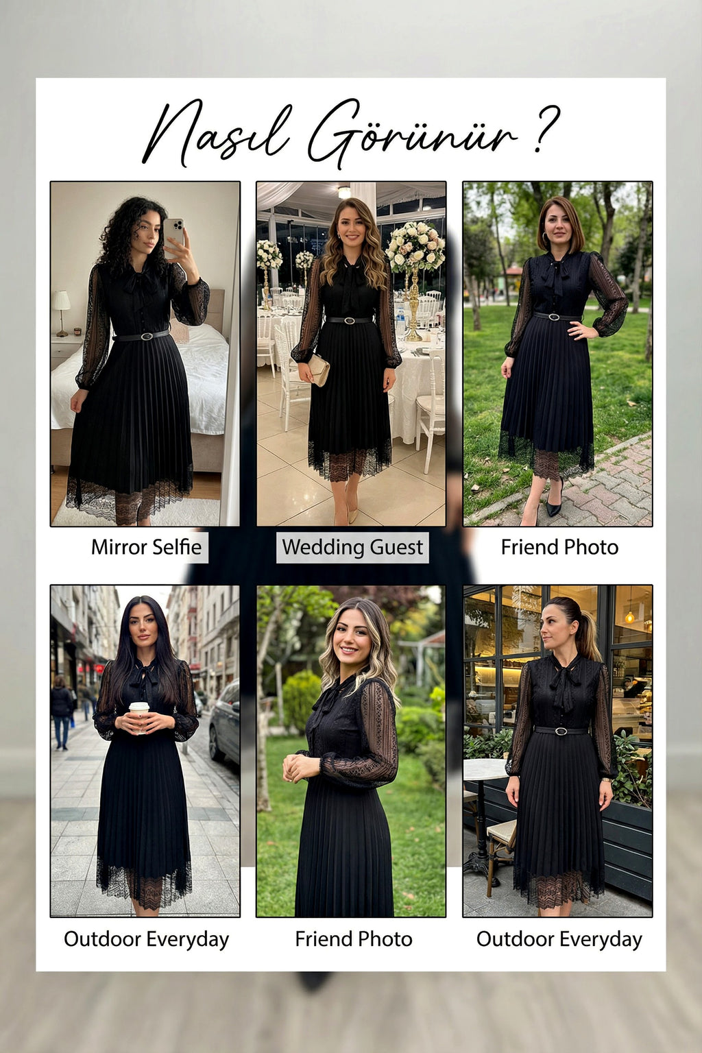 Siyah Boyundan Bağlamalı Fransız Güpür Piliseli Abiye Elbise