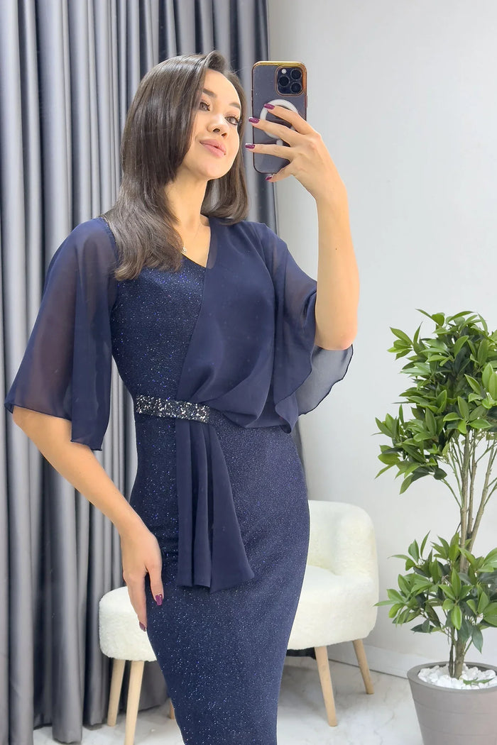 Lacivert Taş Detaylı Volan Kol Simli Abiye Elbise