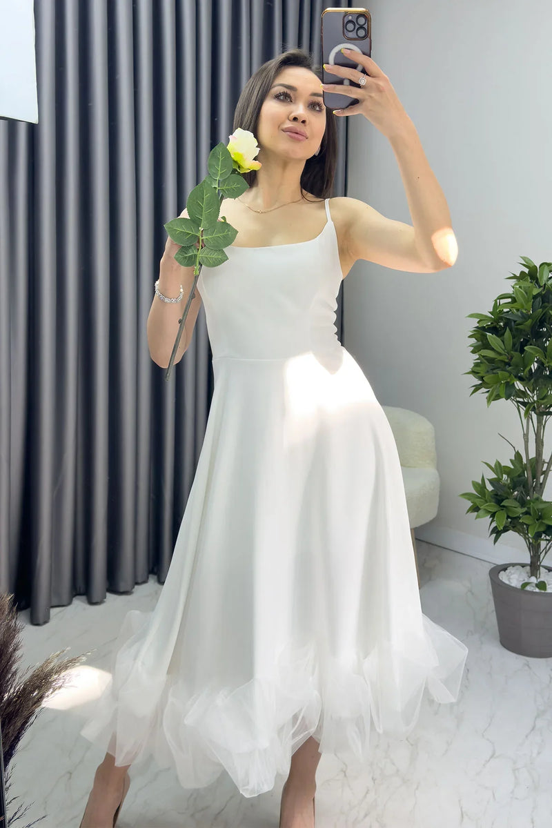 Beyaz Askılı Kloş Etek Ucu Tül Detay Midi Abiye Elbise