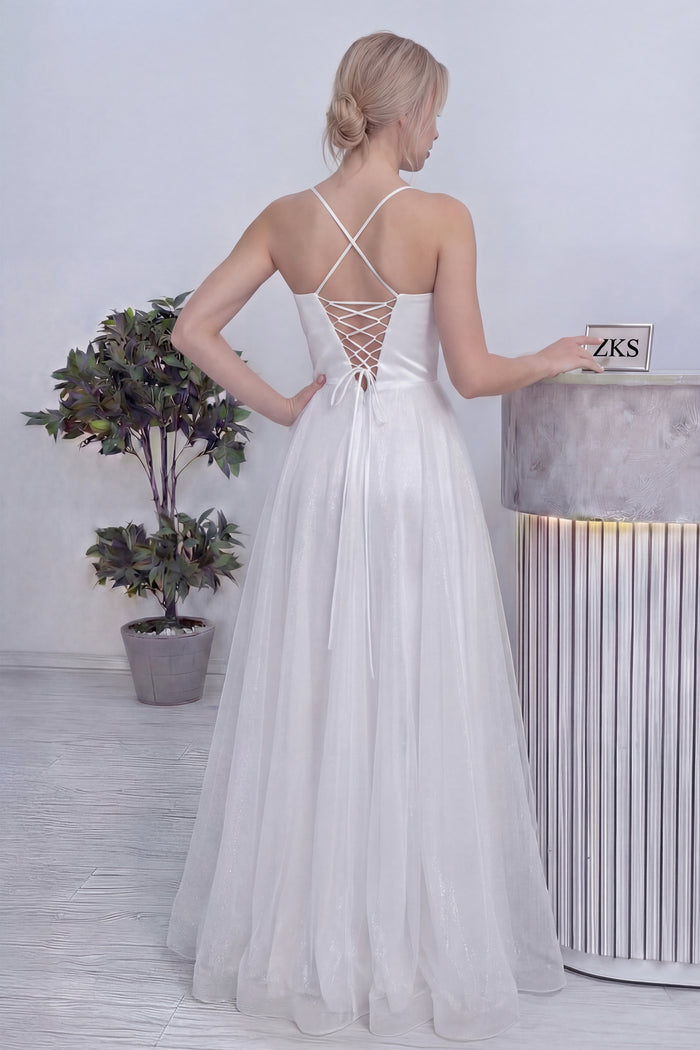 Kadın Beyaz Askılı Yırtmaçlı Nikah Abiye Elbise