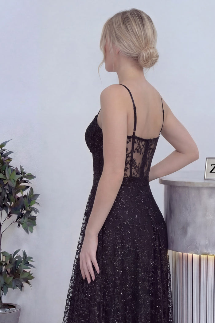 Siyah Askılı Transparan Simli Dantelli Abiye Elbise