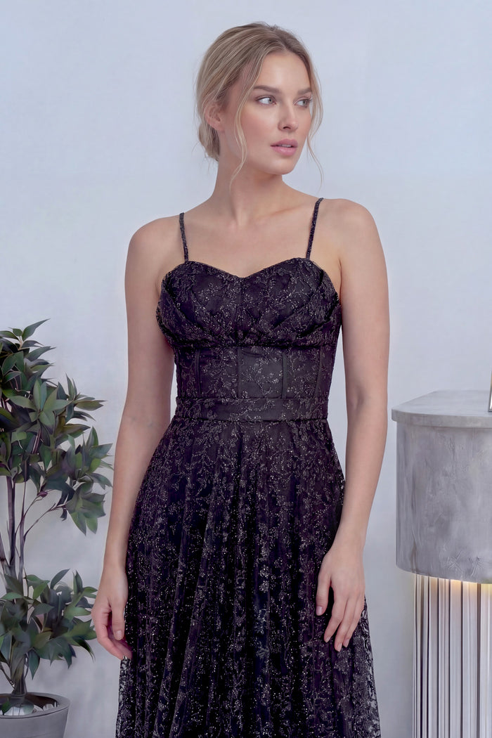 Siyah Askılı Transparan Simli Dantelli Abiye Elbise