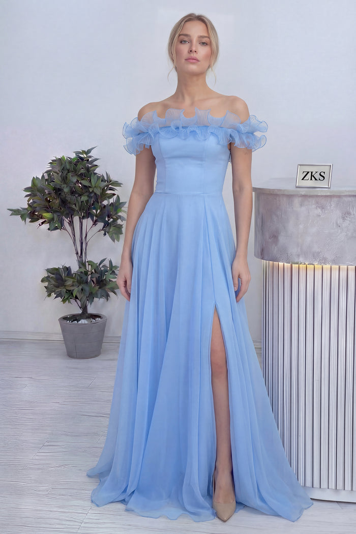 Kadın Bebe Mavi Volanlı Düşük Omuz Abiye Elbise 