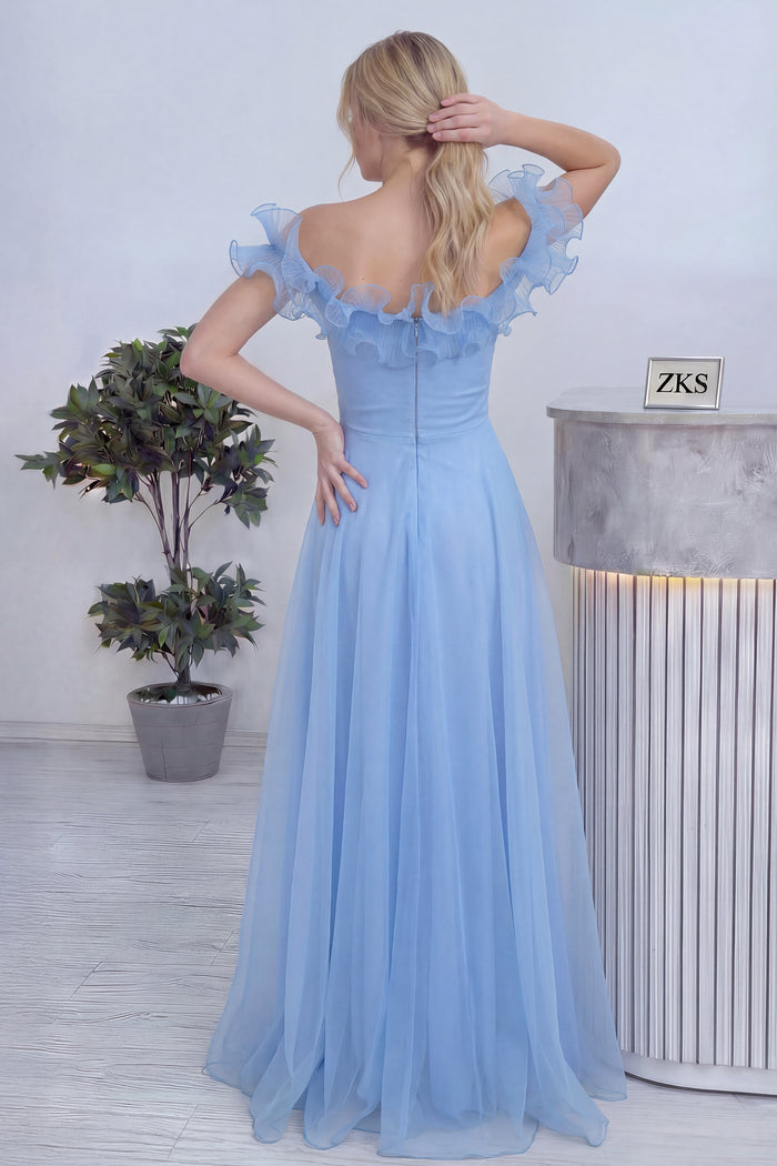 Kadın Bebe Mavi Volanlı Düşük Omuz Abiye Elbise 
