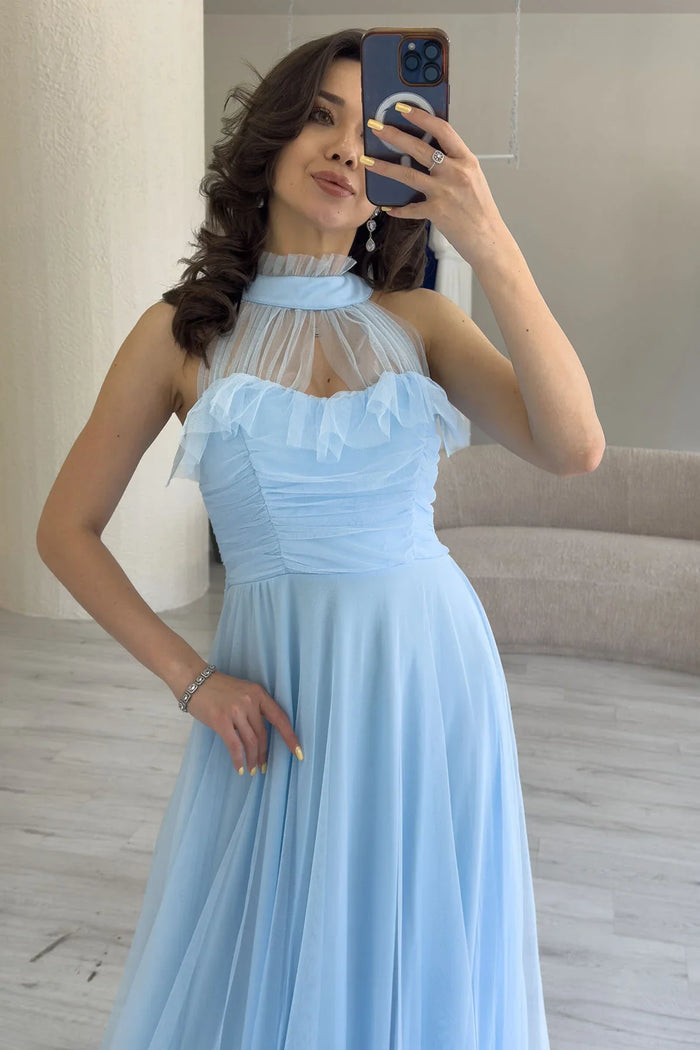 Bebe Mavisi Drapeli Kolsuz Tül Abiye Elbise